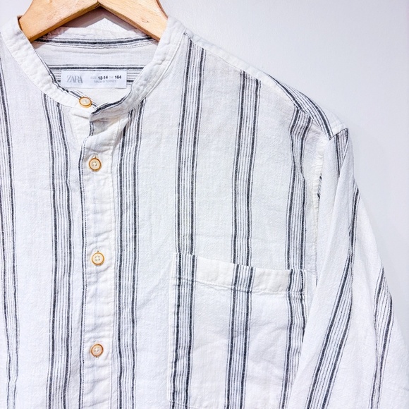 ZARA White and grey striped linen blouse - Picture 5 of 8